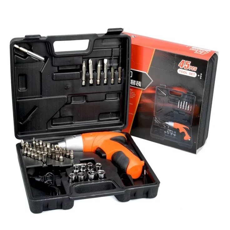 Parafusadeira Furadeira sem Fio Recarregável com Maleta 45 peças em Oferta na Shopee