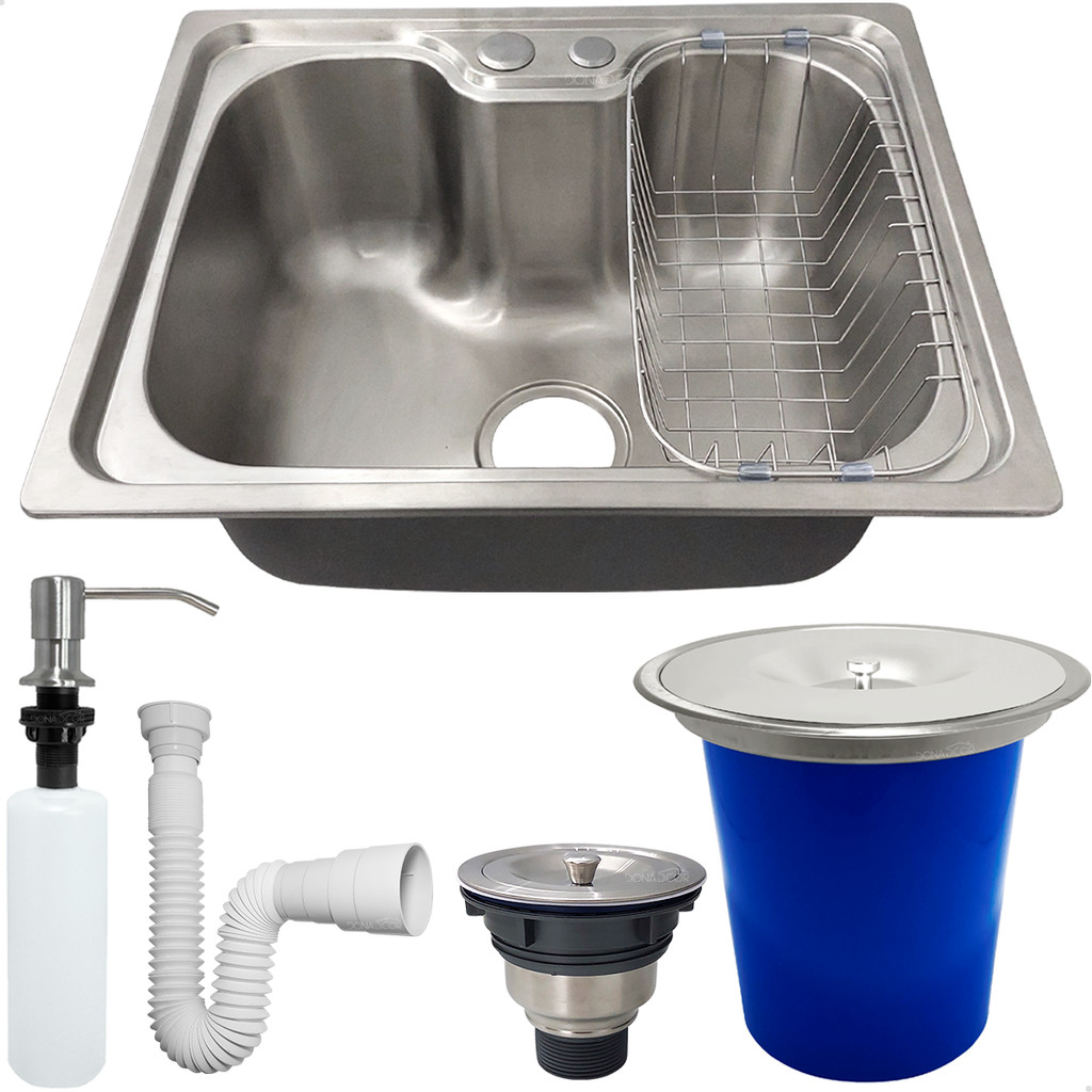 Kit Cozinha Cuba Gourmet Inox 304 50x40 Lixeira De Embutir 5 Litros Dispenser 350ml Valvula E Sifão