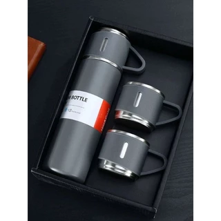 Kit Garrafa Térmica Inox Fosco 500ml c/3 Xícaras, Mantém Quente e Fria, Para Presente Escritório Via