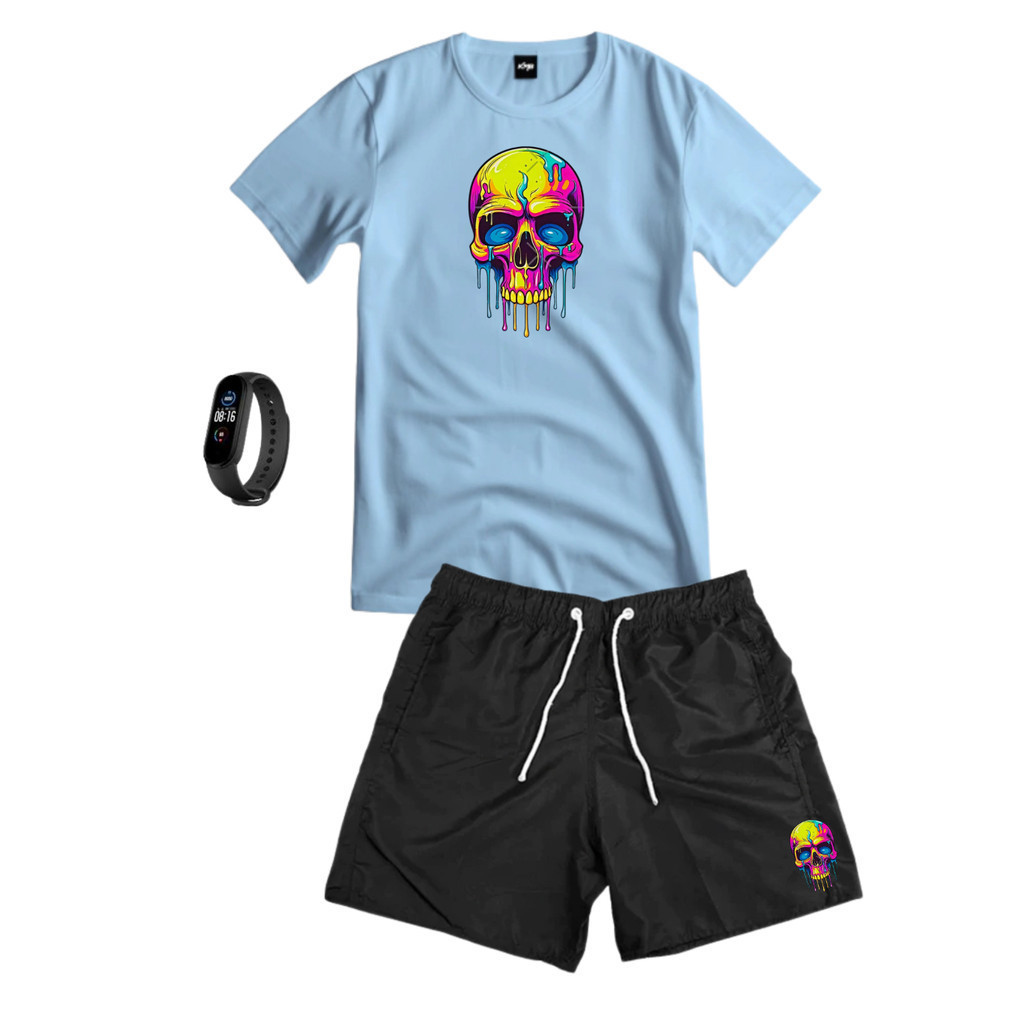 Conjunto Kit Masculino CAVEIRACOLORIDA Camisa 100% Algodão + Bermuda Tactel Estampada + Relogio Digital
