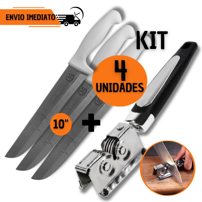 Jogo Faca Inox 10" + Amolador Afiador de Faca Profissional Casa Cozinha Restaurante Açougueiro