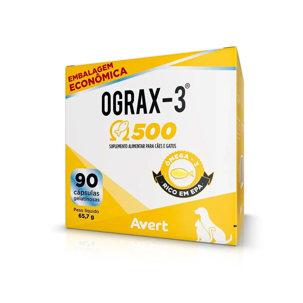 Ograx-3 500 Avert embalagem Econômica 90 cápsulas - Suplemento para Cães e Gatos