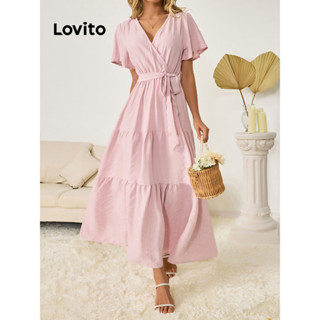 Lovito Casual Vestido Feminino Liso Cruzado com Cintura Elástica e Bainha de Babados LBL09146