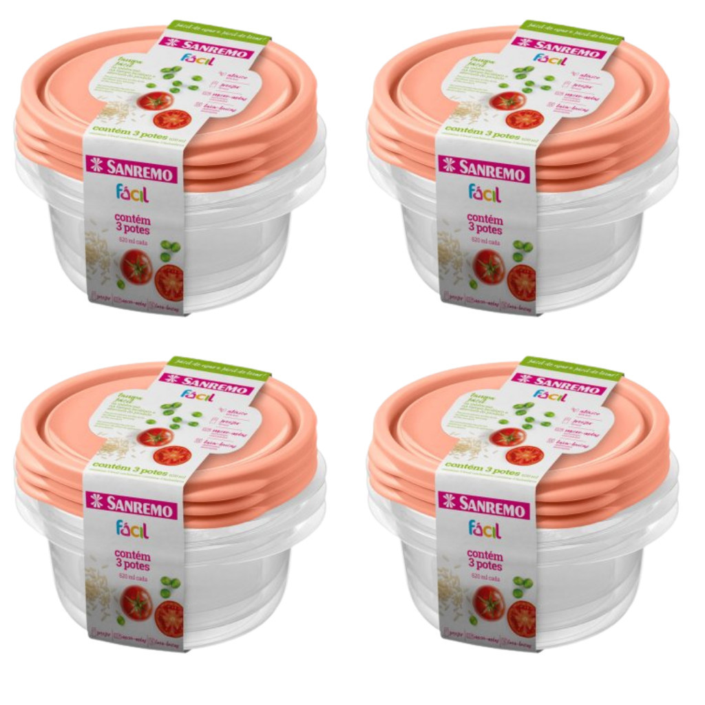 Kit 12 Potes Redondo 620ml Plástico Organizador Geladeira Cozinha Alimentos Alta Qualidade 620ml Sanremo  - SALMÃO