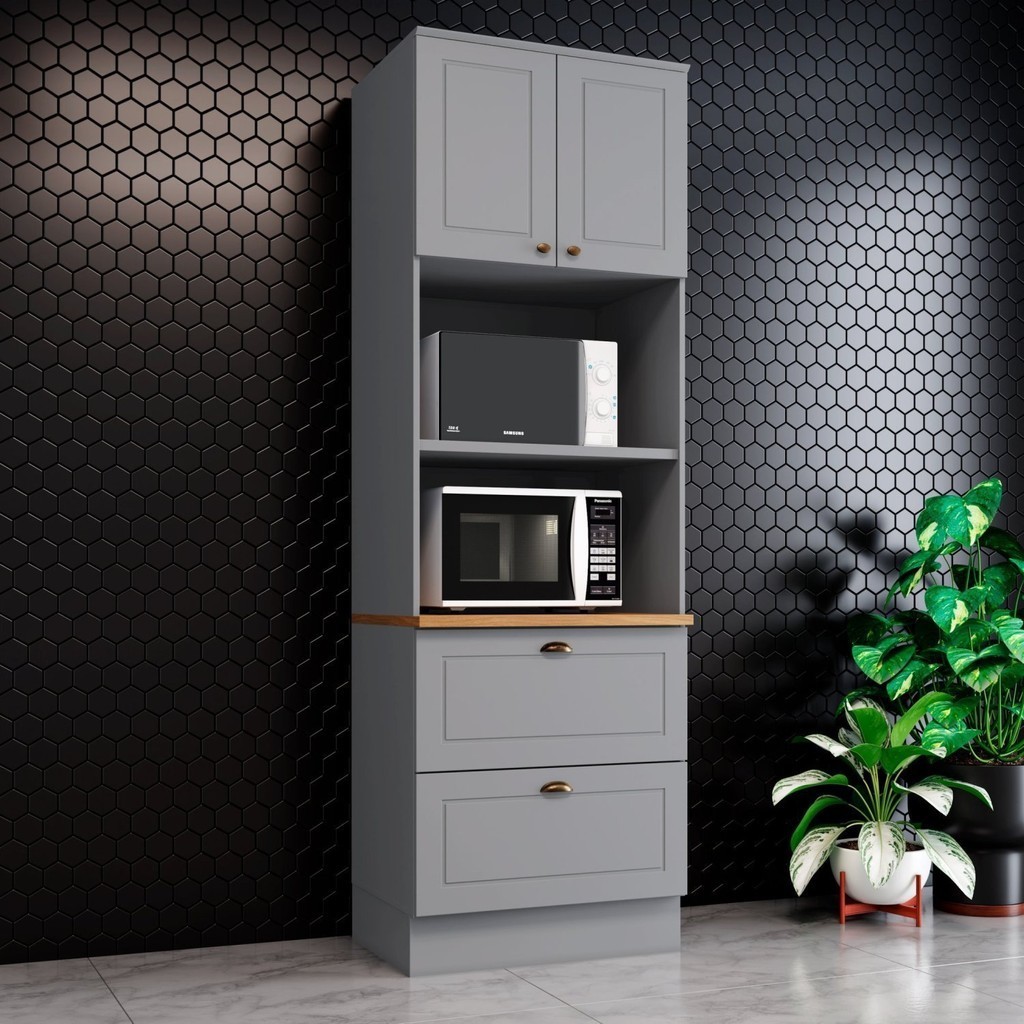 Torre Quente para 2 Fornos 2 Gavetas com Tampo Espresso Móveis Cinza/Nature - Home & Living