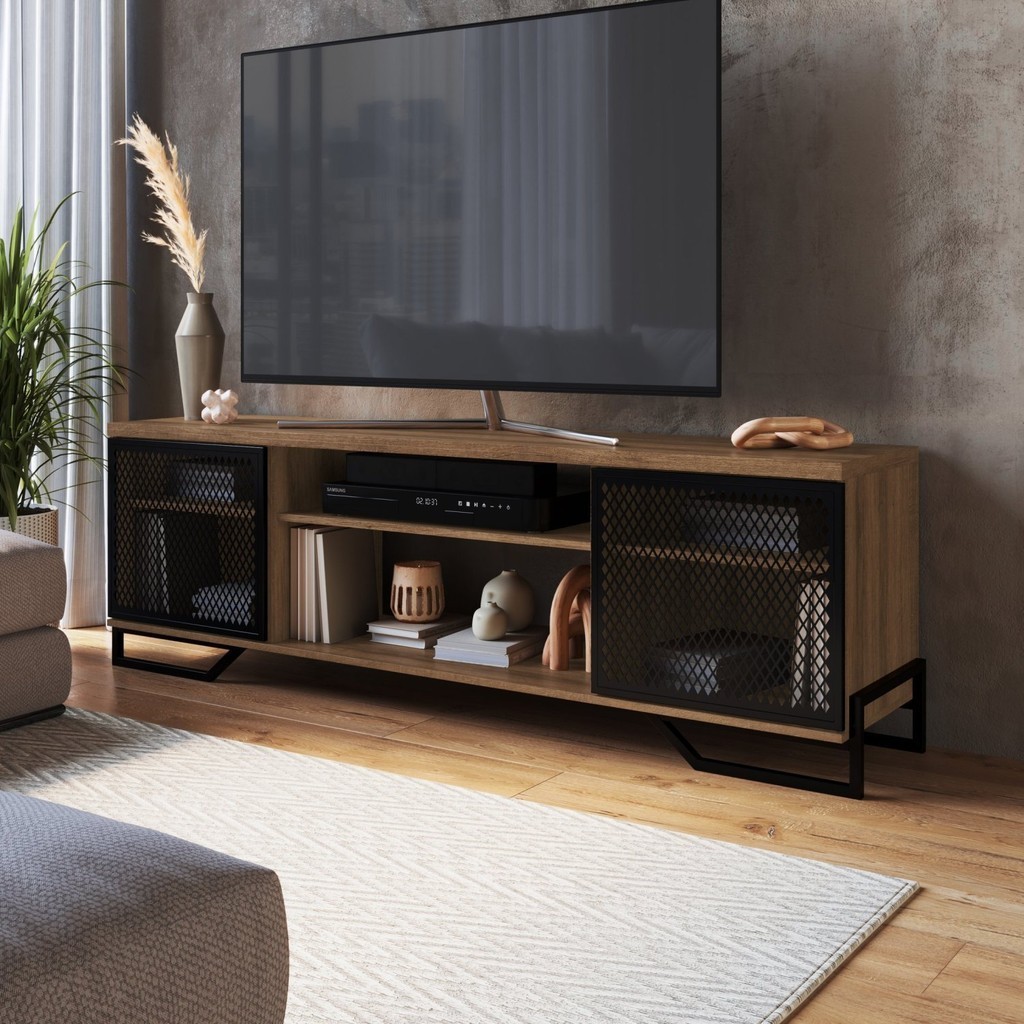 Rack Para TV ate 60 Polegadas Estilo Industrial 180cm em MDP e Portas Teladas P1027 Mel em Oferta na Shopee