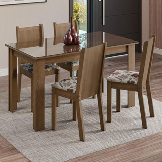 Conjunto Sala de Jantar Mesa Tampo de Vidro 4 Cadeiras Rustic/Hibiscos Kiara Madesa em Oferta na Shopee