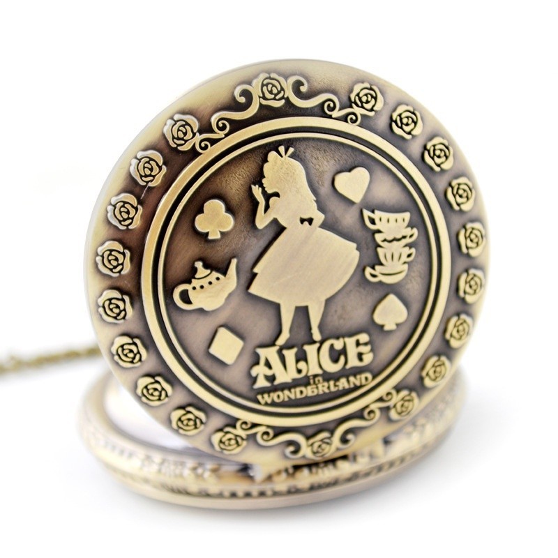 Retro Alice no País das Maravilhas Bronze Bolso de quartzo Colar Pocket Relógio