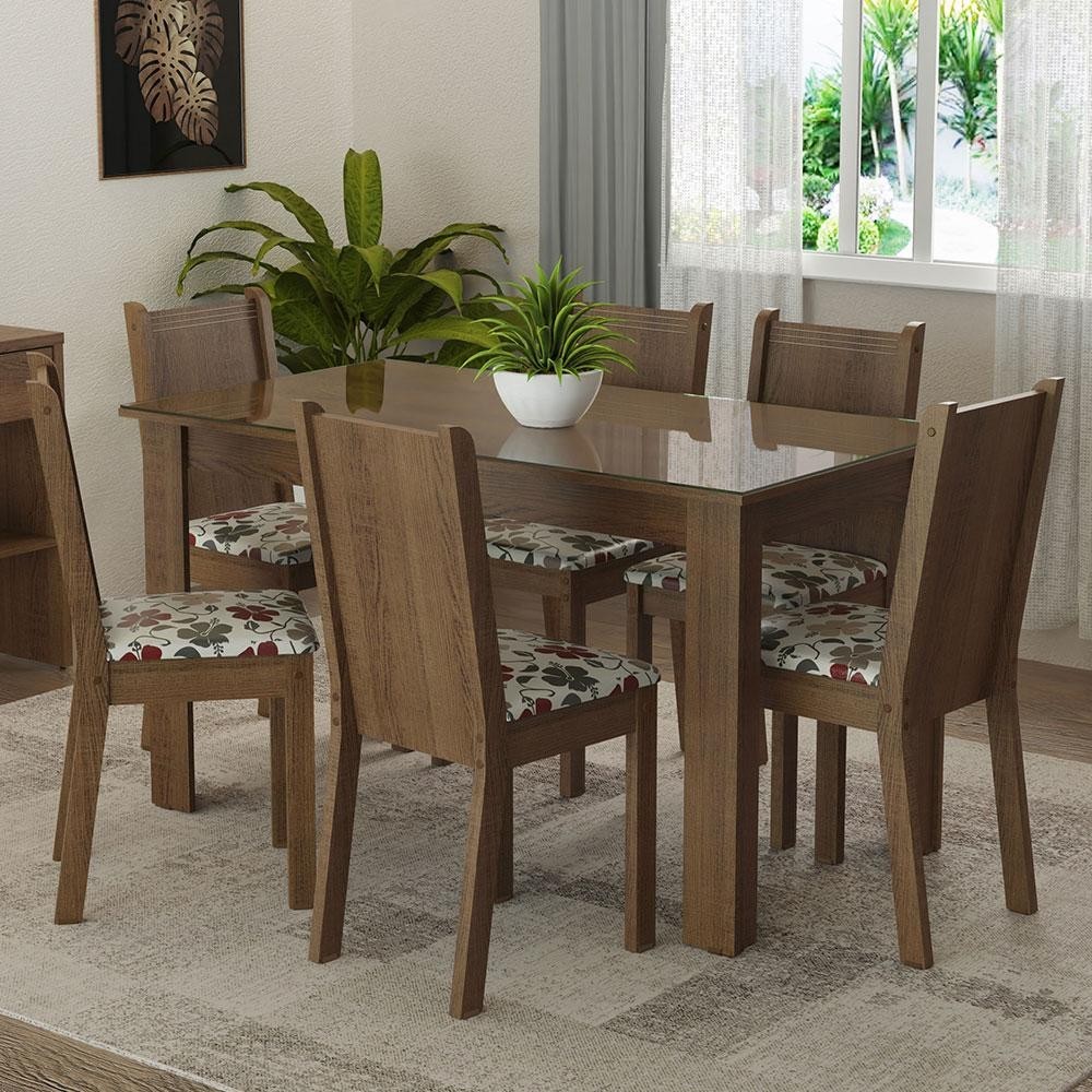 Conjunto Sala de Jantar Mesa Tampo de Vidro 6 Cadeiras Rustic/Hibiscos Isla Madesa em Oferta na Shopee