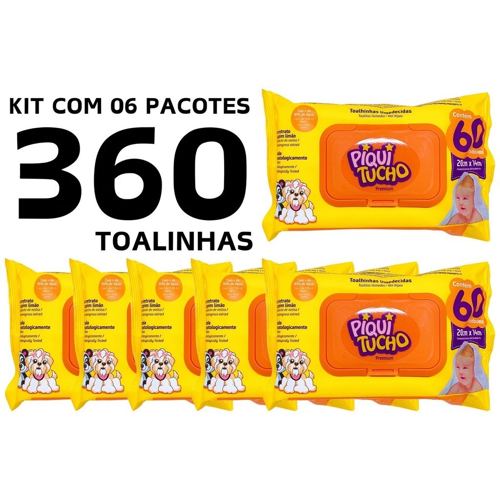 KIT COM 06 PACOTES DE LENÇO/TOALHAS UMEDECIDAS PARA BEBE PIQUITUCHO PREMIUM C/60 UNIDADES CADA em Oferta na Shopee