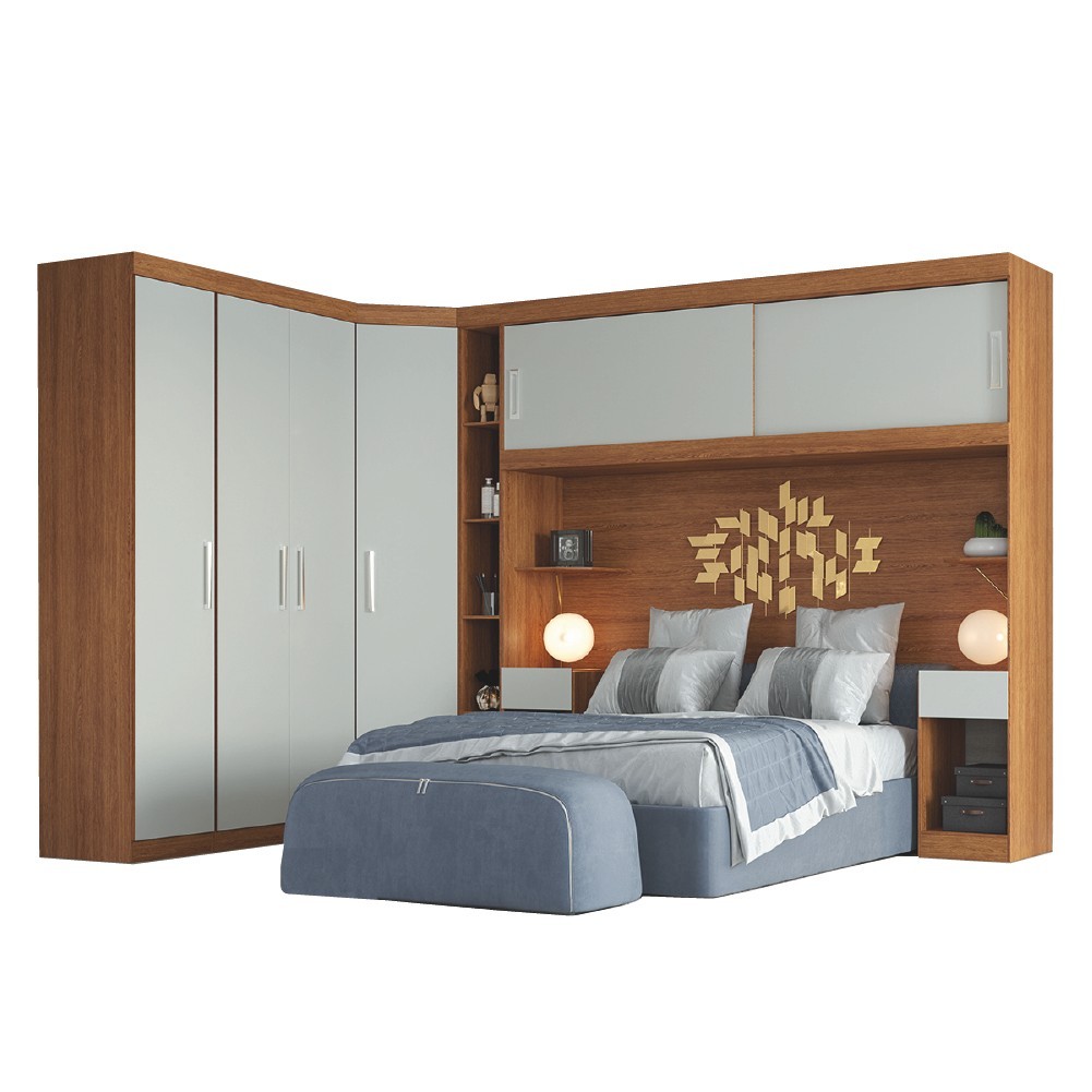 Guarda Roupas Modulado Com Cabeceira de Casal 1,38m Genova Plus 6 Portas 4 Gavetas Freijó/Off White Batrol - Home & Living