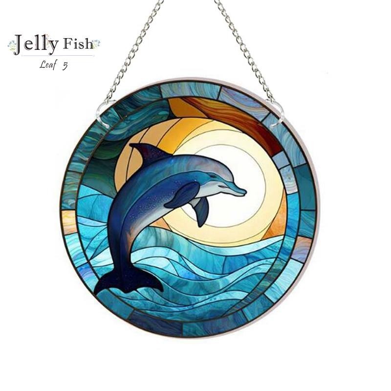 Dolphin Stained Acrylic Window Hanging Ornament Ocean Themed Decor Pendurado Com Corrente , Para Decoração Interior E Exterior , (11.8In)