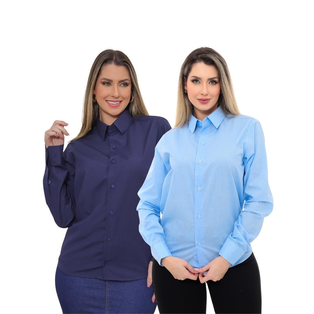 KIT Feminino 2 Peças - Camisa Social Premium Tipo Linho Azul Claro e Camisa Social Slim Azul Marinho