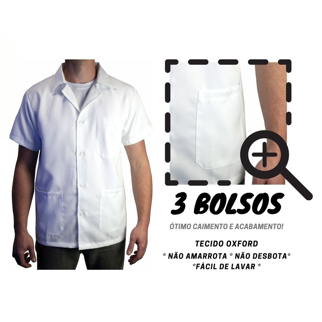 JALECO MC Masculino Manga Curta Oxford Premium blusa casaco bata guarda-pó branco ou preto
