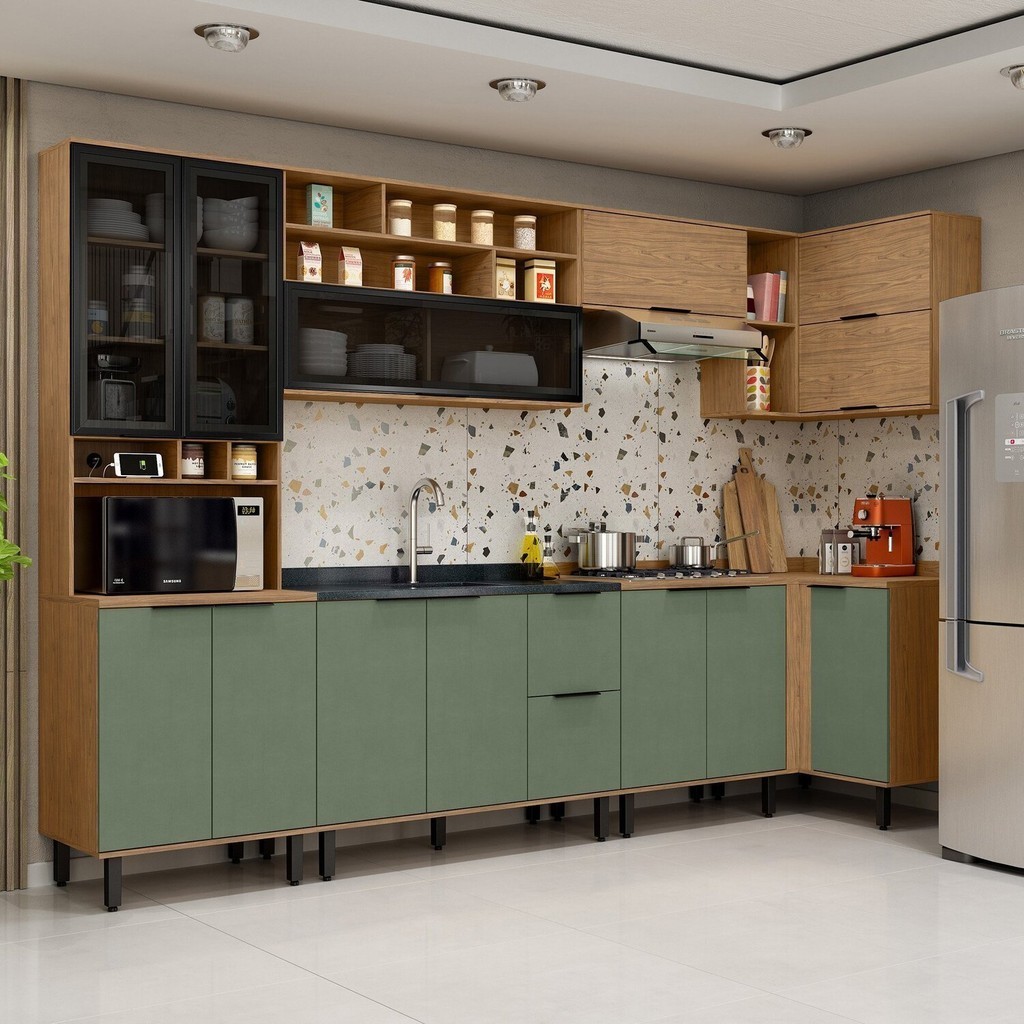 Cozinha Modulada Toscana 7 Peças Mdf com Paneleiro 1 Forno e Armários Canto Freijó/Jade - Home & Living