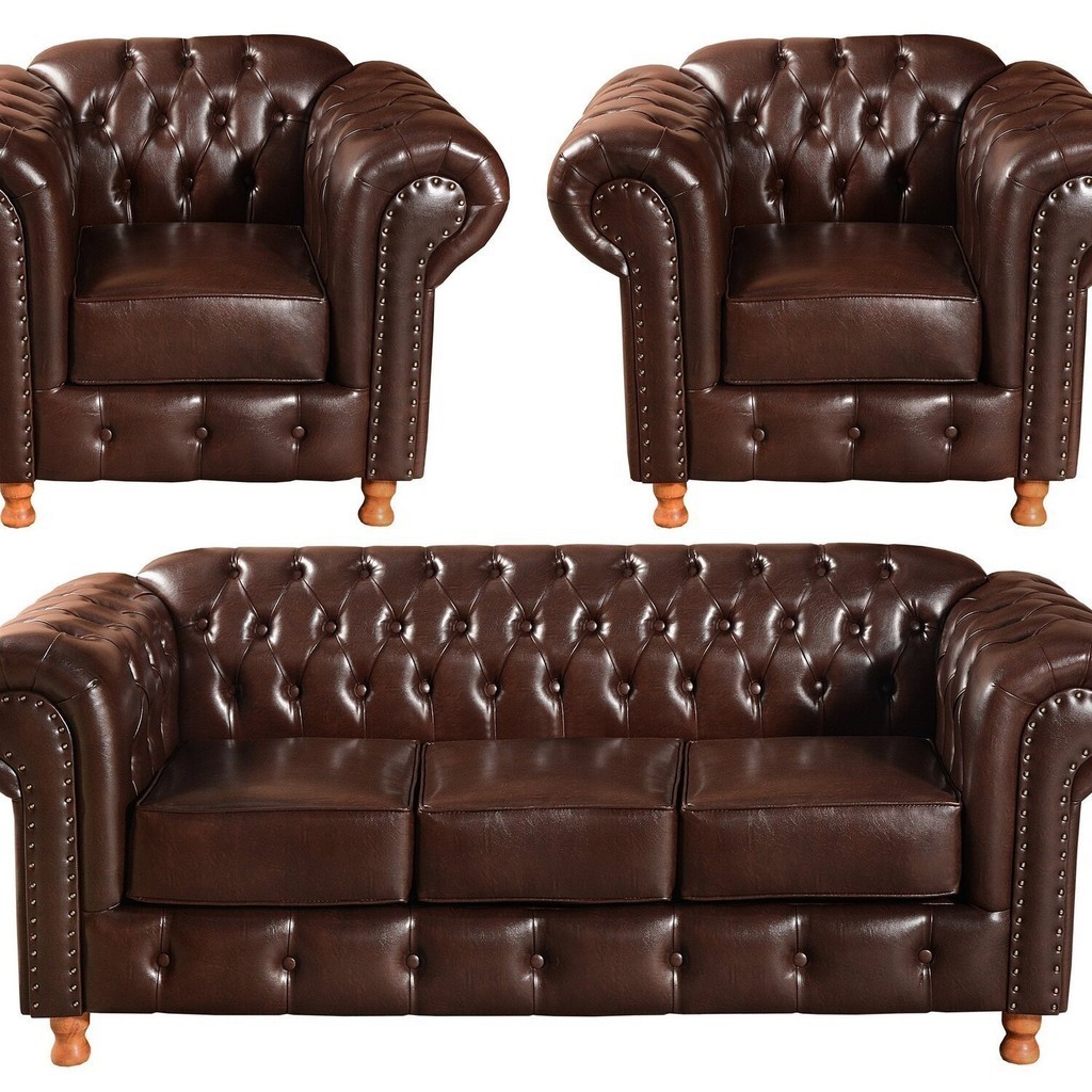 Conjunto de Sofá 3 Lugares e 2 Poltronas Chesterfield Luís Xv Café em Oferta na Shopee