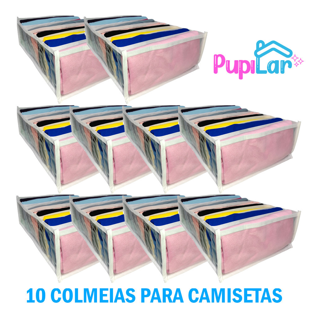 10 COLMEIAS ORGANIZADORAS G (10X25X35) P/ CAMISETA - PUPILAR em Oferta na Shopee