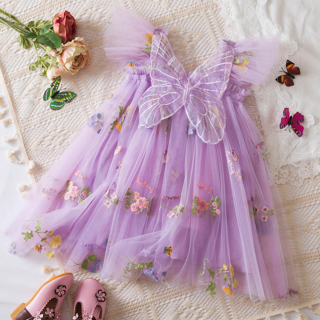 WFRVBaby Girl Summer Vestido Verão Festa Sem Mangas Bordado Leve Têxtil Borboleta Asas Princesa Aniversário  Menina Doce