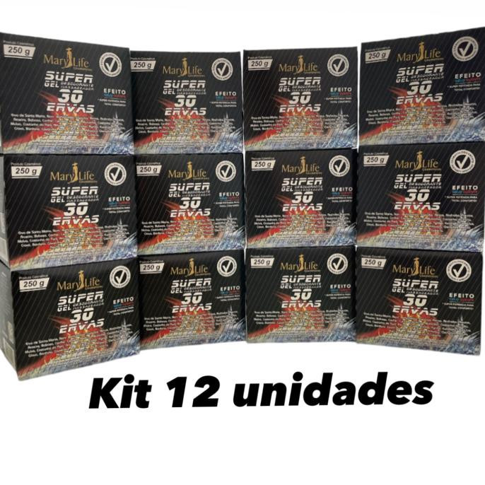 Kit Super Gel 30 Ervas Massageador Efeito Gelo Quente Mary Life 12 Potes