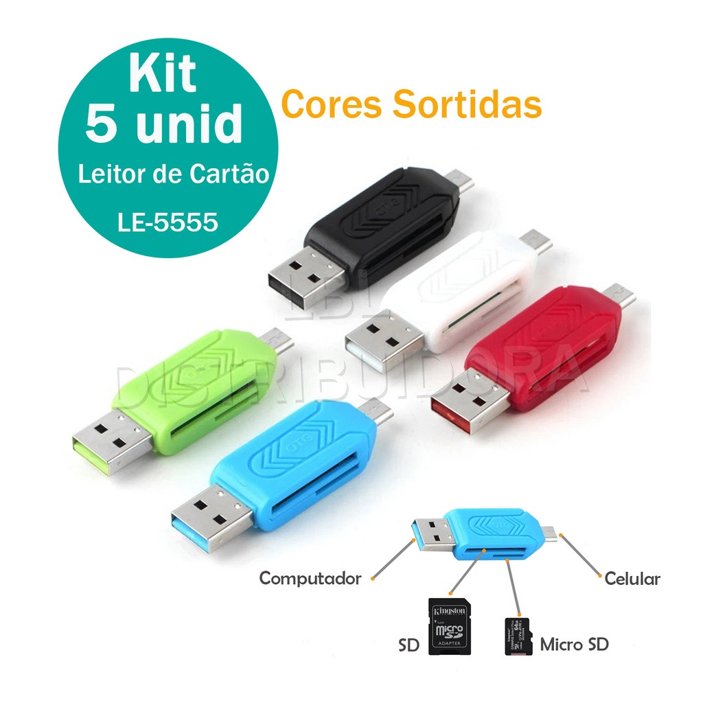 KIT 5 Adaptador Otg Leitor Cartão Micro Sd Usb Micro LE-5555 em Oferta na Shopee