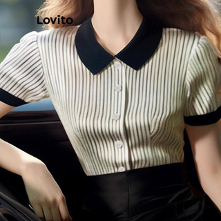 Lovito Blusa casual listrada com botões colorblock para mulheres LNE70555 em Oferta na Shopee