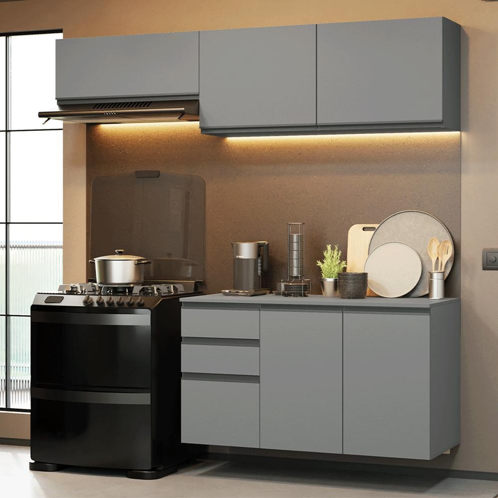Armário de Cozinha Compacta Suspenso 200cm Cinza Nice Madesa 05 em Oferta na Shopee