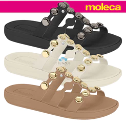 Chinelo Papete Feminino Moleca Duas Tiras Esferas Douradas Confortável Estilosa