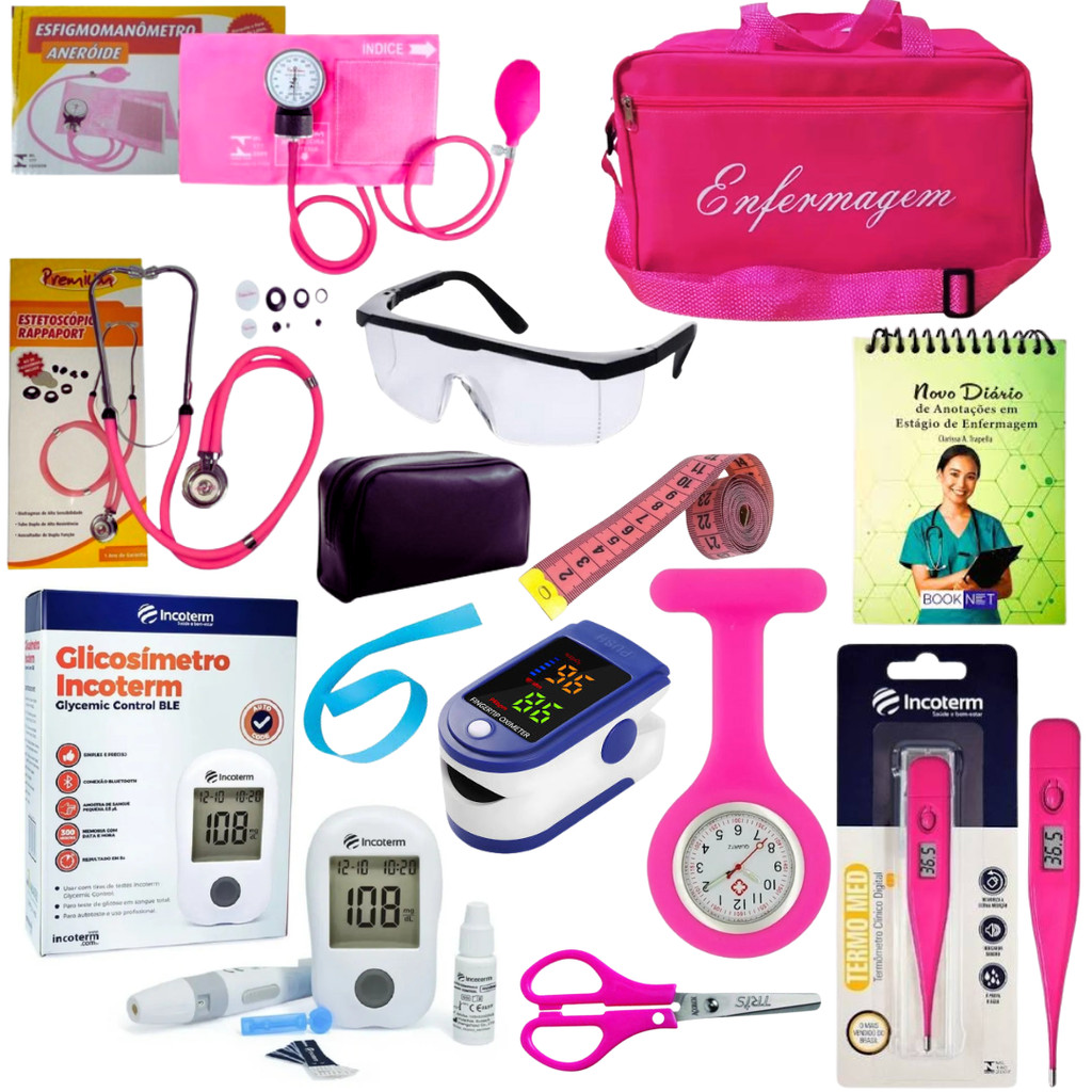 Kit De Enfermagem Luxo Premium Com Glicosimetro - Oximetro - Relógio - Diário de Enfermagem