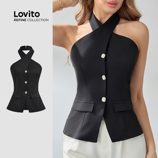 (Lovito Refine) Blusa casual lisa com botões para mulheres LR2LD039 em Oferta na Shopee