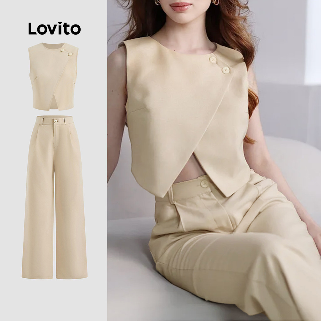 Lovito Tops ou calças femininas elegantes com divisão frontal lisa L124AD367 - Women Clothes