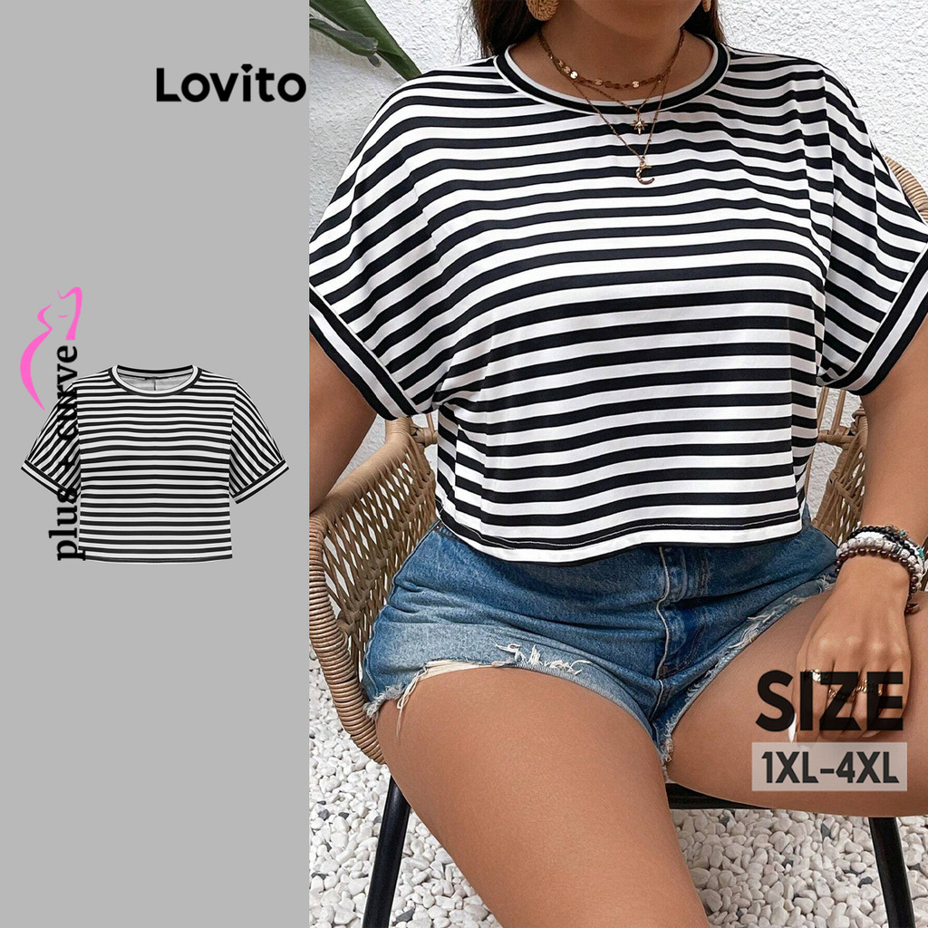 Lovito Camiseta feminina Casual com estampa listrada Plus Size  LBL19473 - Women Clothes