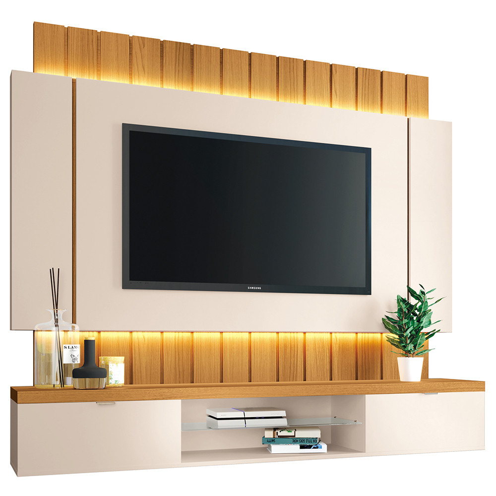 Painel Para TV 55 Pol Ripado com Bancada Suspensa Luzzi B01 Off White Cinamomo - Lyam Decor - Home & Living
