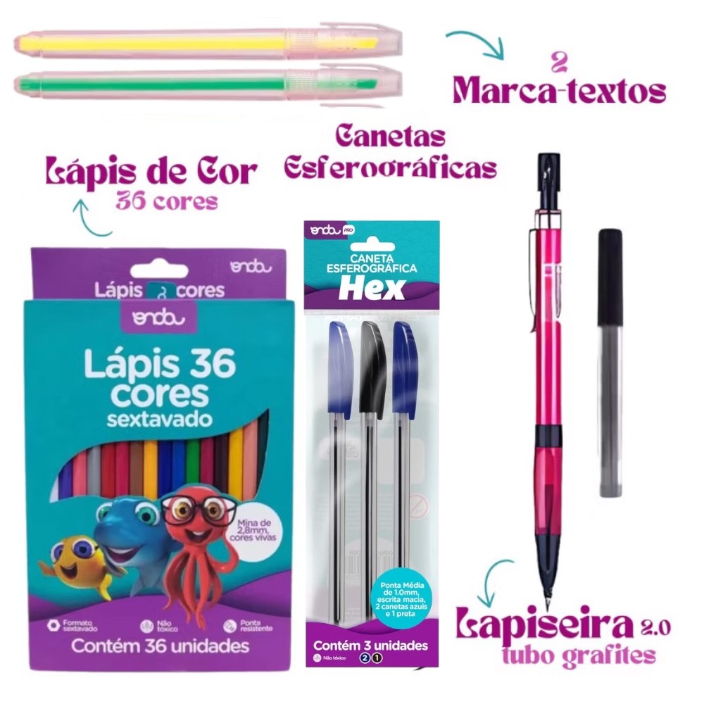Kit 43 itens papelaria completa  lápis de cor 36 cores lapiseira Ponta Grossa 2.0 marca texto e caneta
