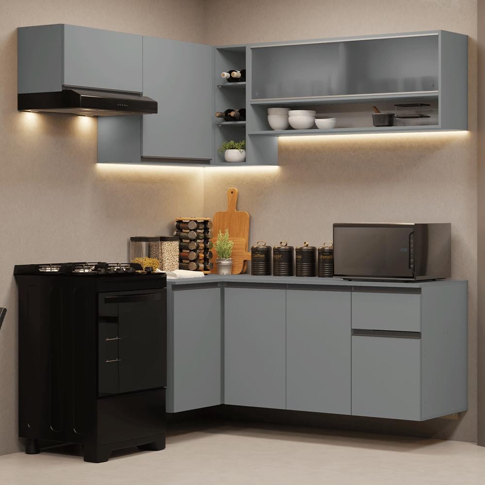 Armário de Cozinha Completa de Canto Suspenso 325cm Cinza Nice Madesa 01 em Oferta na Shopee