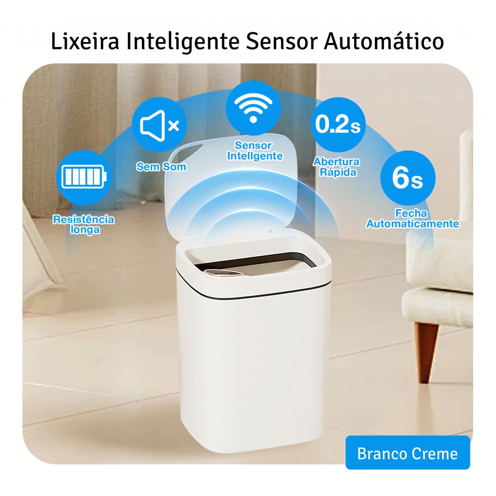 Lixeira Inteligente Sensor Automático Recarregável USB Impermeável 12 14 16 L Banheiro Cozinha Premium