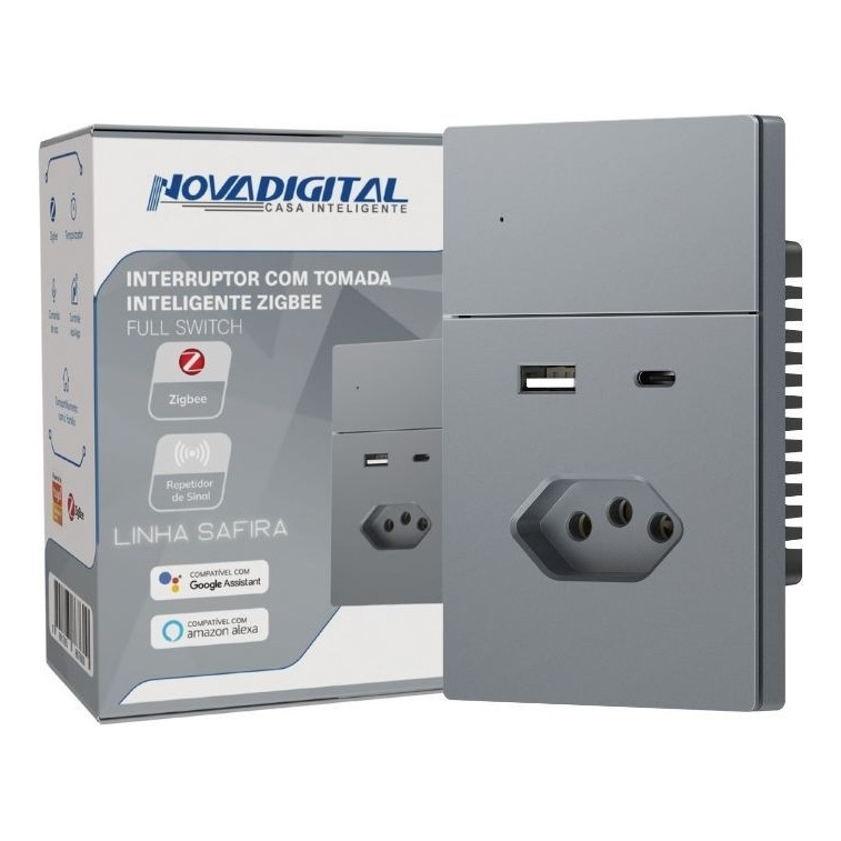 Interruptor 1 Botão Com Tomada 10a Entrada Usb - Usb C Nova dIgital cinza Grafite ZIGBEE