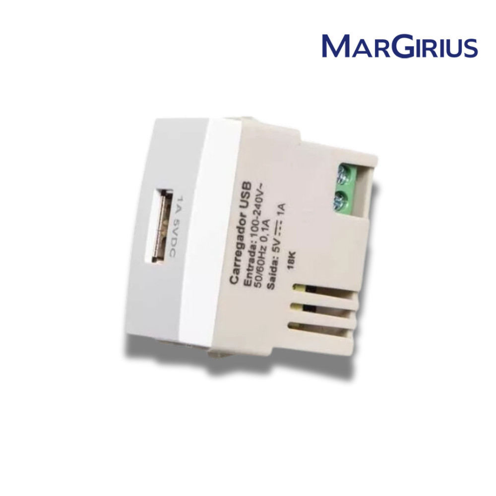 Módulo Tomada Carregador USB 1A-Bivolt BR Linha Sleek Margirius Módulo Decoração Casa Instalação Elétrica Branco