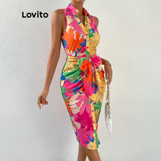 Lovito Elegante Vestido Feminino Floral com Botão Frontal LBL09126