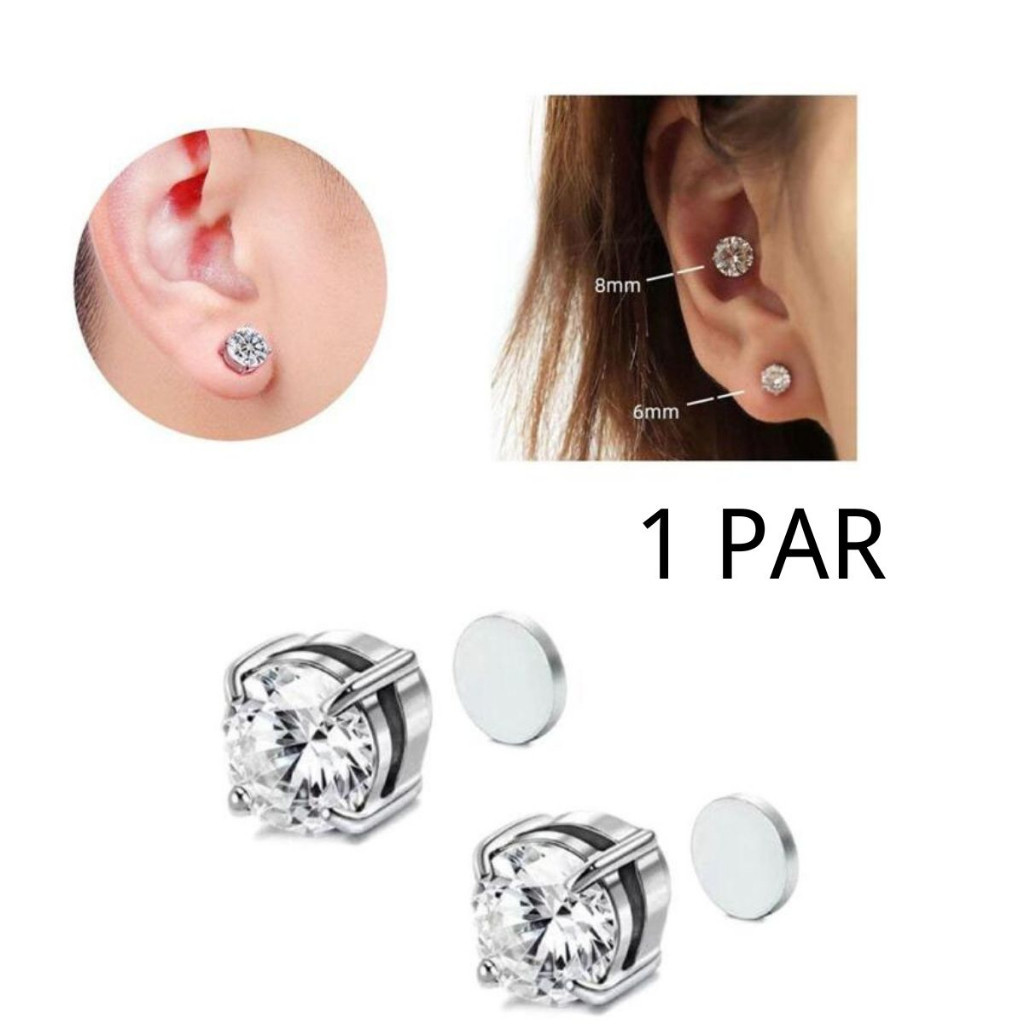 1 Par de Brinco Magnético com Pedra de Zirconia Masculino Aço Inox Prata Pressão Imã em Oferta na Shopee