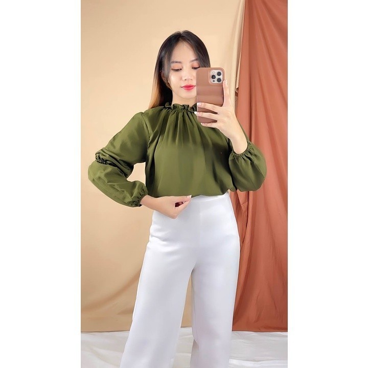 [Importação]-Blusa De Roupa Feminina Zrx Brocade/Top/Casual Blouse For Women Contemporary/Trendy Women's Outfit Com Colarinho Redondo Ruffle/Borracha De Manga Longa Para Mulheres Simples Sem Motivo Contemporânea