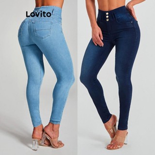 Lovito Jeans casuais com botão liso e bolso frontal para mulheres LNL54192