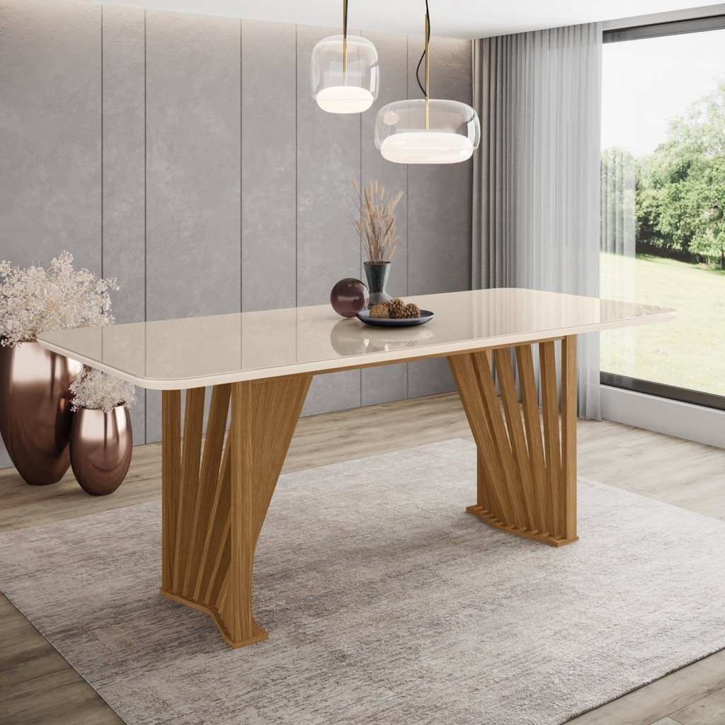 Mesa de Jantar 8 Lugares 200cm Tampo MDF com Vidro Canto Arredondado Adriana - Home & Living