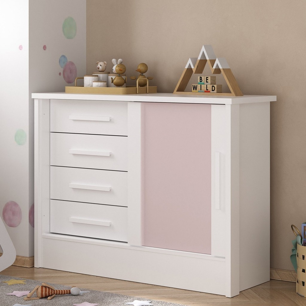 Cômoda Infantil 1 Porta 4 Gavetas Maya Espresso Móveis Rosa/Branco em Oferta na Shopee