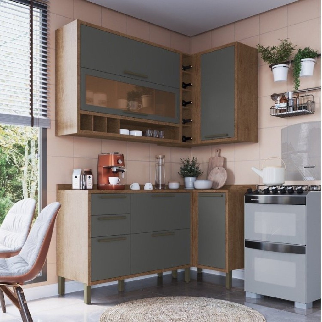 Cozinha Modulada Compacta de Canto com 4 Peças 5 Portas 4 Gavetas e Vidro Reflecta 100% MDF Vicenza Castanho/Chumbo - Home & Living