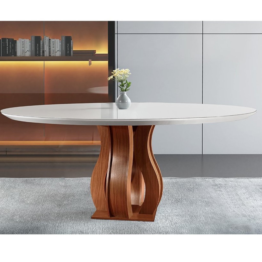 Mesa Redonda 6 Lugares Tampo Vidro/MDF para Sala de Jantar 135cm  Nuance Yescasa Castanho Cinamomo/Off White - Home & Living