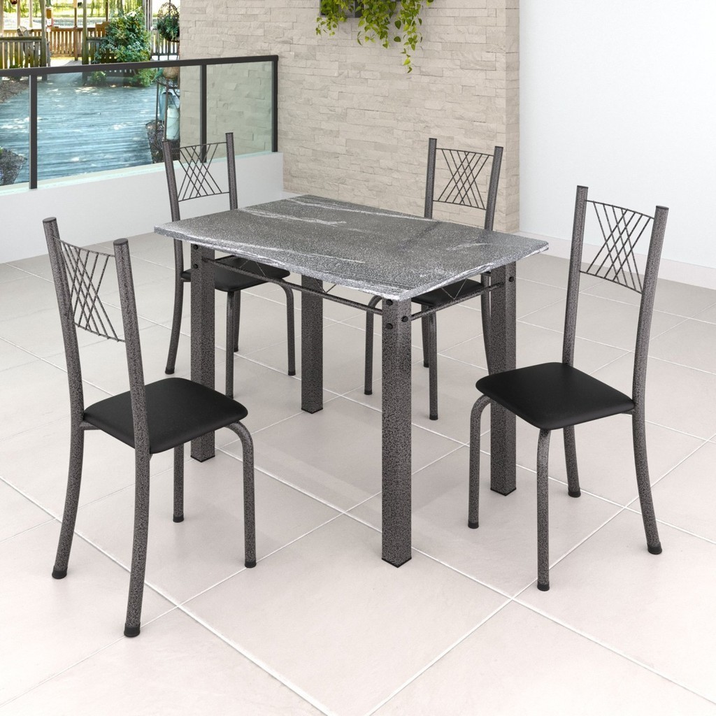 Conjunto Mesa com 4 Cadeiras Tampo de Granito Topázio Sara Yescasa Preto Liso/Martelado Prata em Oferta na Shopee