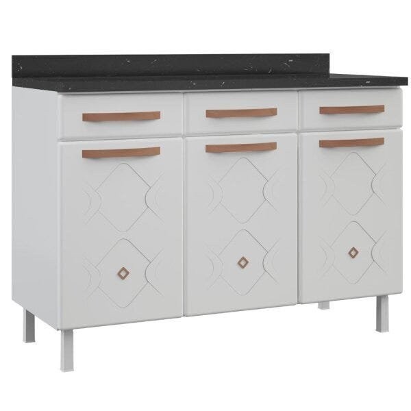 Detalhes do Balcão de Cozinha em Aço Triplo com Tampo 3 Portas 3 Gavetas Mirage New Branco