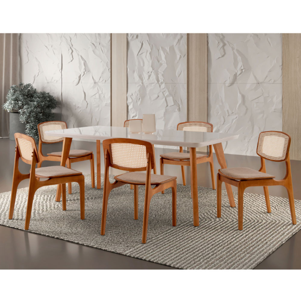 Conjunto Sala de Jantar Mesa Malta 160cm com 6 Cadeiras Malta Premium em Madeira Moderna - Home & Living