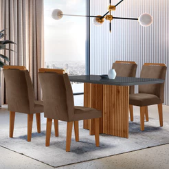 Conjunto Sala de Jantar Mesa Olímpia 120CM MDF Tampo com Vidro Canto Copo com 4 Cadeiras Athenas