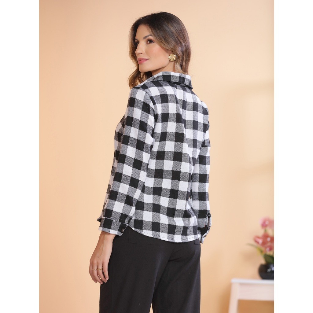 Camisa Feminina Manga Longa Com Botões Flanelada Xadrez Festa